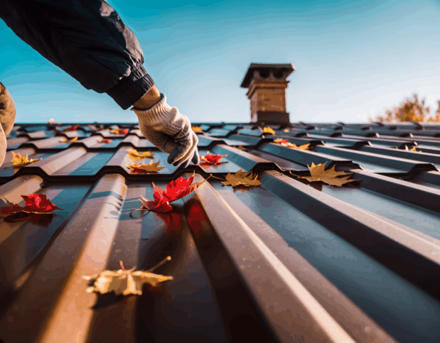 Detailní pohled na falcovanou plechovou střechu na podzim. Ruka v rukavici provádí podzimní kontrolu oplechování komína a falců. Ilustrace rizika zatékání a potřeby údržby střechy před zimou.