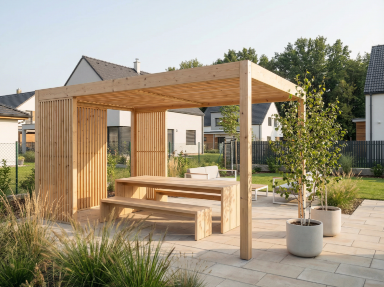 Moderní pergola na míru u rodinného domu – vizualizace Krolan Wood Praha