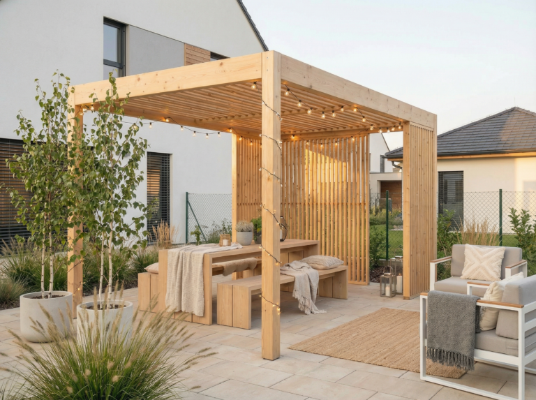 Moderní pergola na míru u rodinného domu – vizualizace Krolan Wood Praha